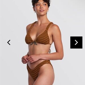 RVCA brown and black striped bikini. M top and S bottoms. Perfect condition.